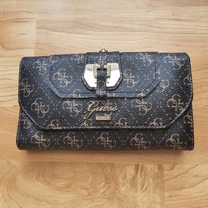 Guess Monogram Wallet in Chocolate Brown, Tan & Gold Colors
